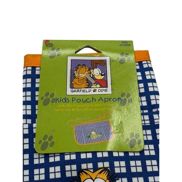 Vtg Retro Garfield & Odie Kids Pouch Half Apron Blue Plaid Sunflowers Cotton New - Picture 3 of 4
